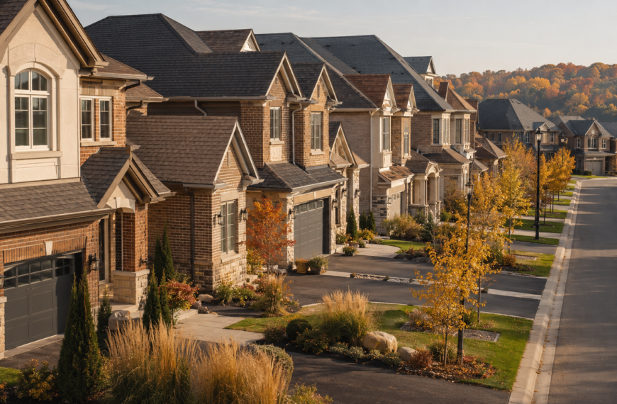 Aerial view of a quiet Canadian suburban street lined with modern brick-and-stone townhomes, landscaped front gardens, and freshly paved driveways under warm mid-morning sunlight.