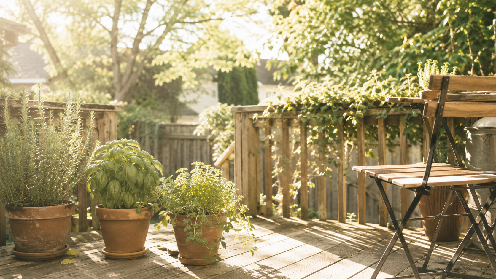 Ontario backyard herb garden in early June morning light — terracotta pots, wooden deck, soft golden sunlight