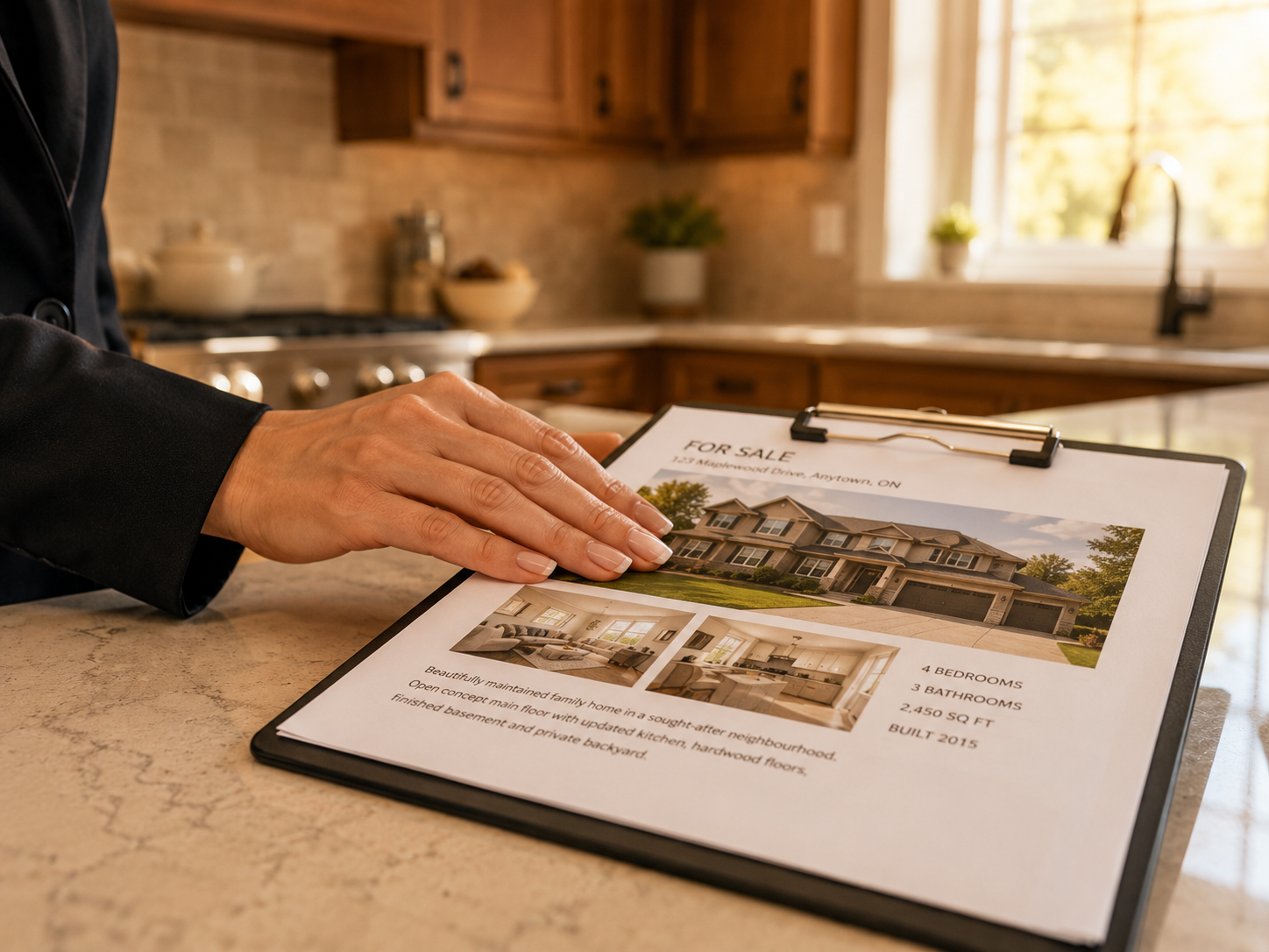 Real estate listing review in a warm residential kitchen