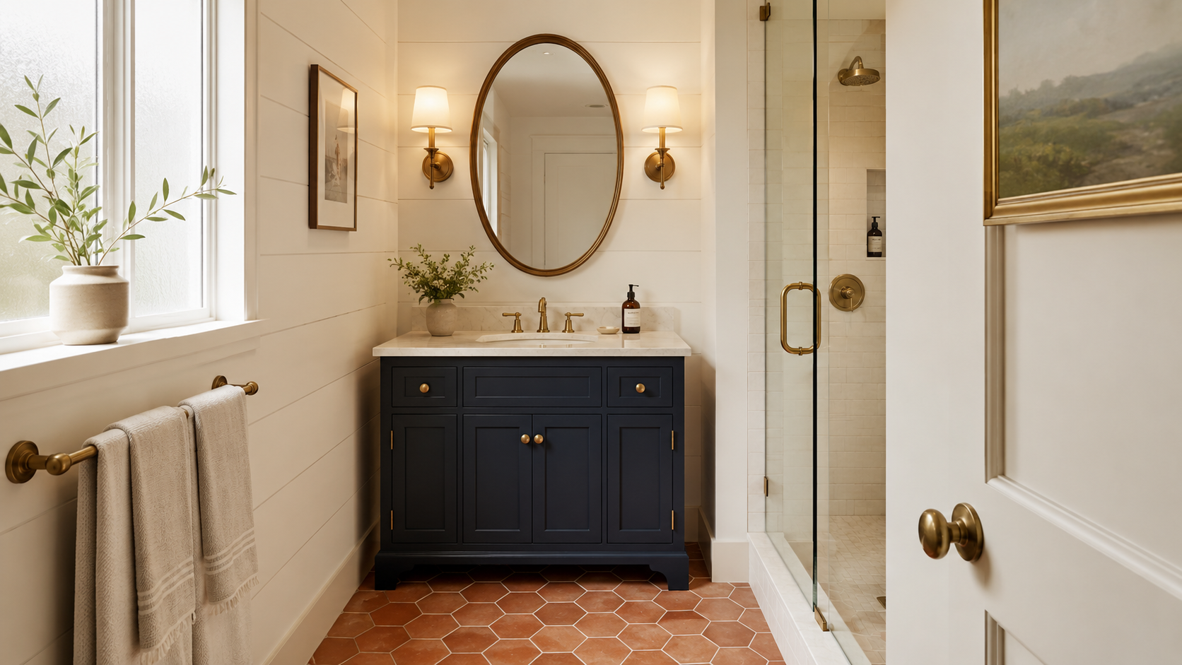 Small bathroom with navy vanity and warm brass accents