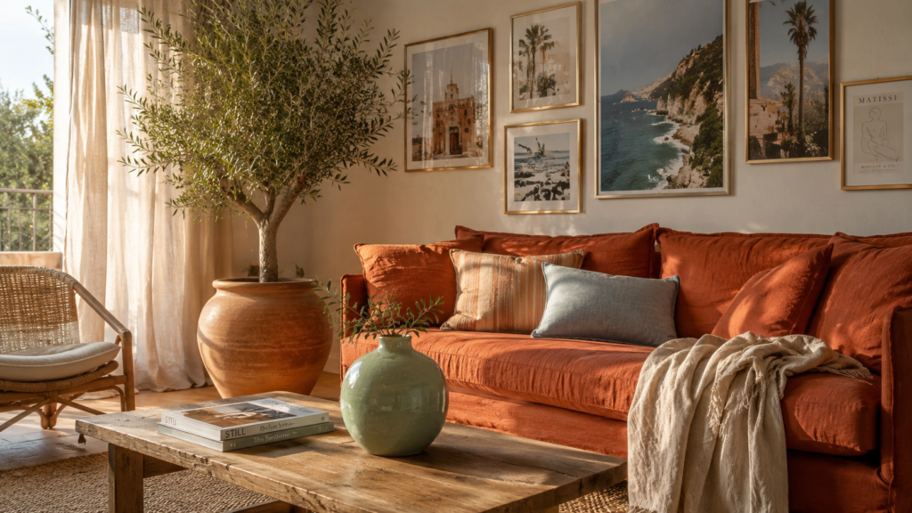 Sun-filled living room with a terracotta linen sofa, oversized olive tree in a clay pot, gallery wall of travel and botanical prints, pistachio green vase, natural wood coffee table, and warm afternoon light over a jute rug.