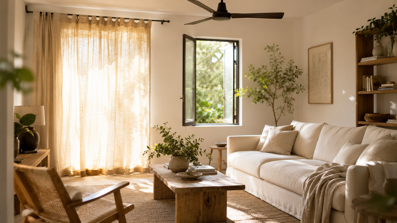 Summer living room with open windows and natural ventilation for a bright, breezy home