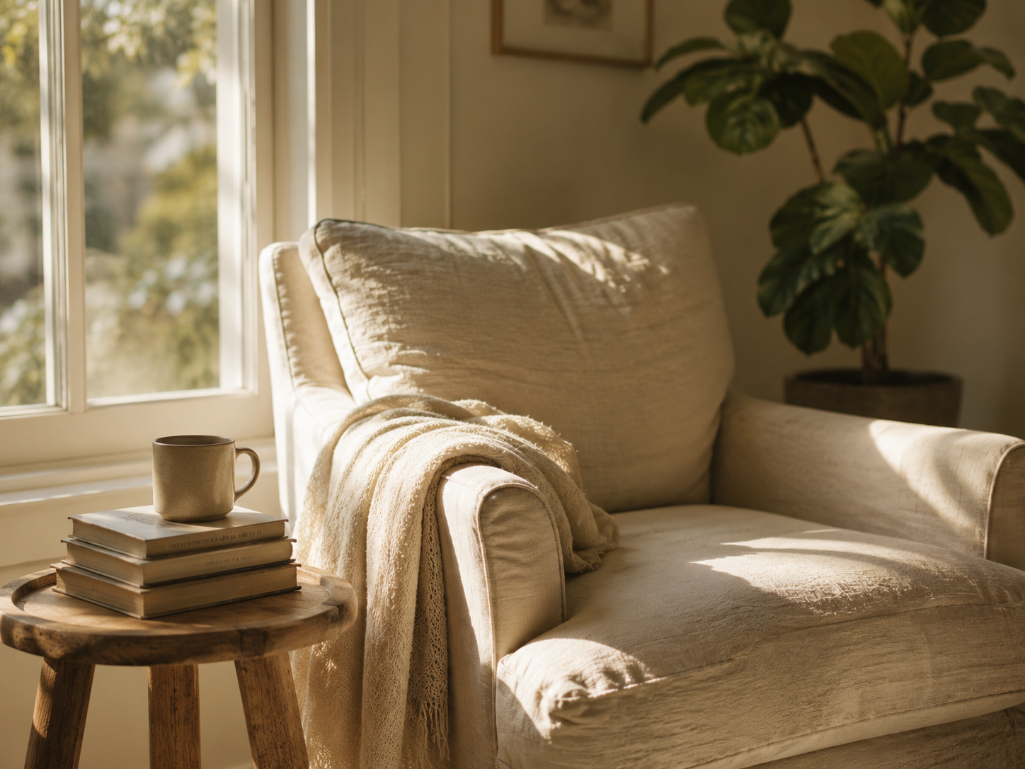 A sunlit reading nook beside a window — linen armchair, stack of books, afternoon light, indoor plant