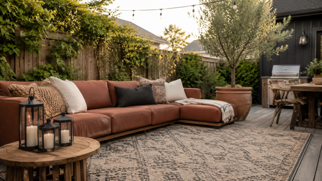 Warm late-afternoon outdoor living space featuring a terracotta outdoor sofa, textured throw pillows, geometric rug, teak side table with lanterns, olive tree in a terracotta planter, and cedar fence with climbing vines in a Canadian backyard.