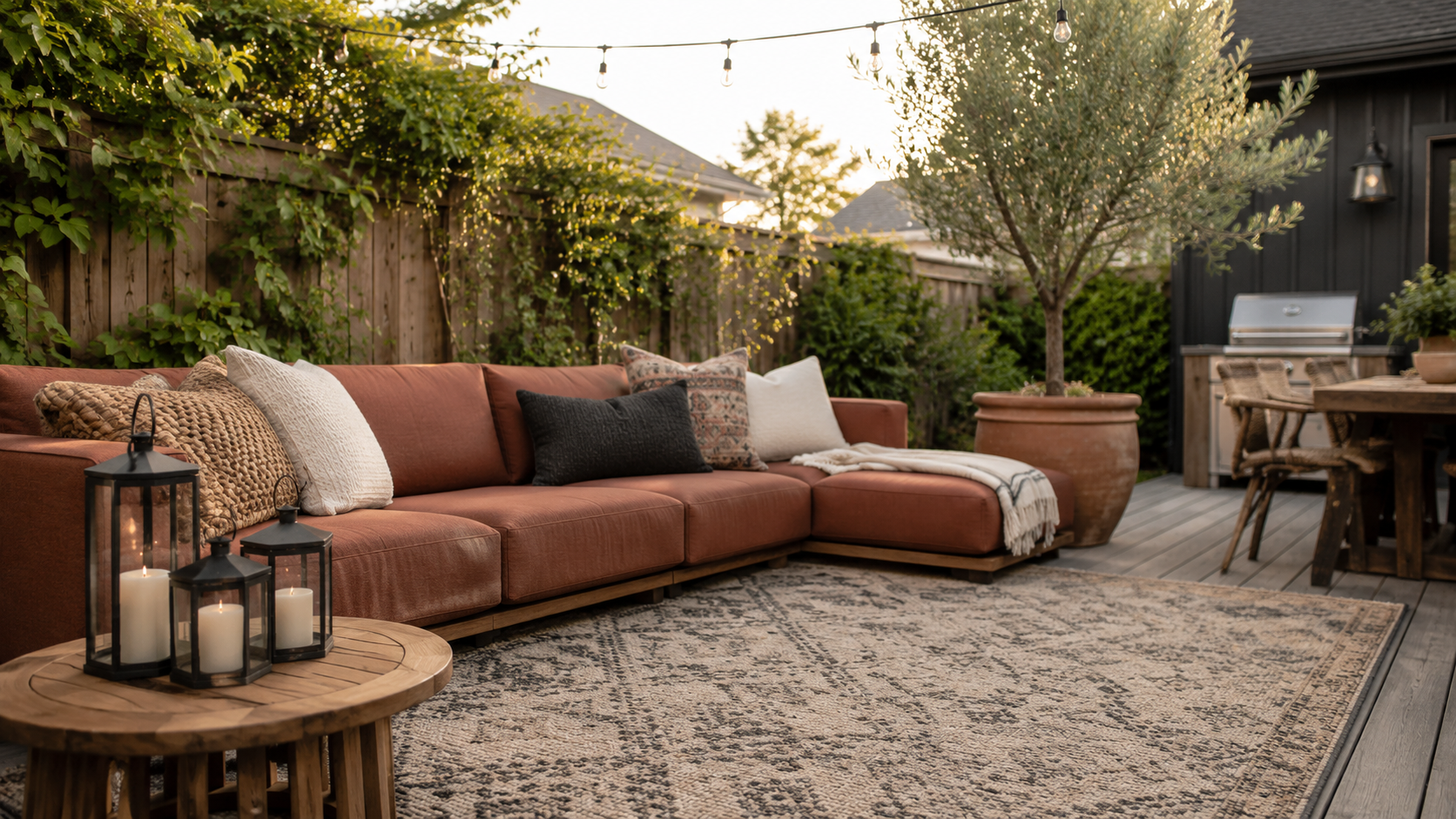 Terracotta outdoor living space with cozy summer patio styling