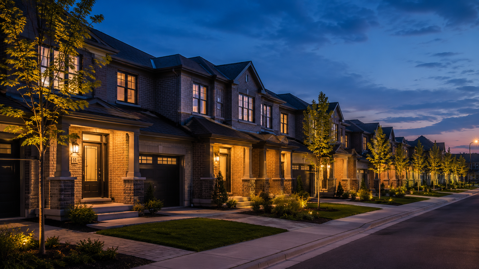 Row of newly built Canadian townhomes glowing warmly at blue hour dusk