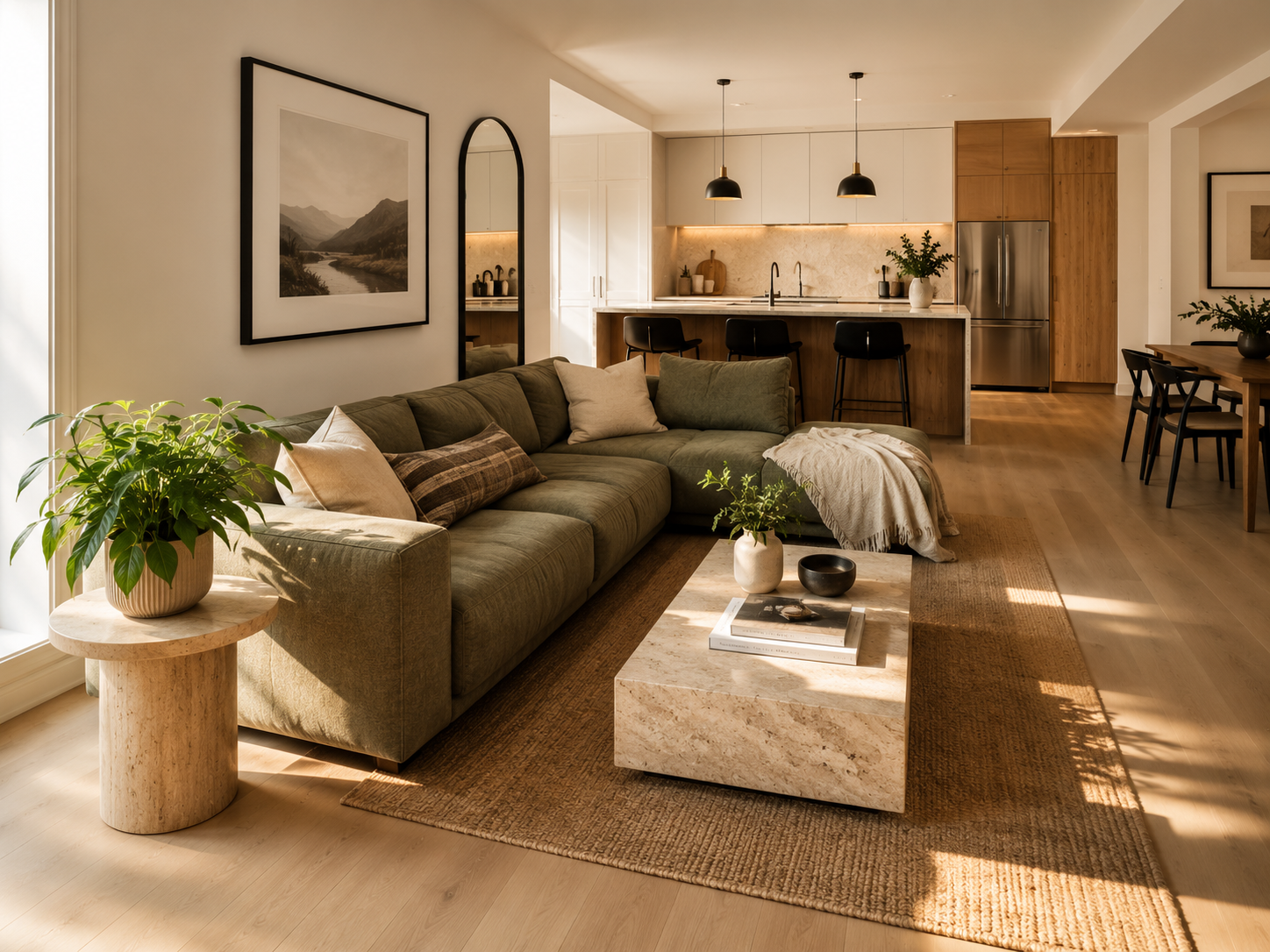 Warm contemporary townhome living room with open-concept design and natural light