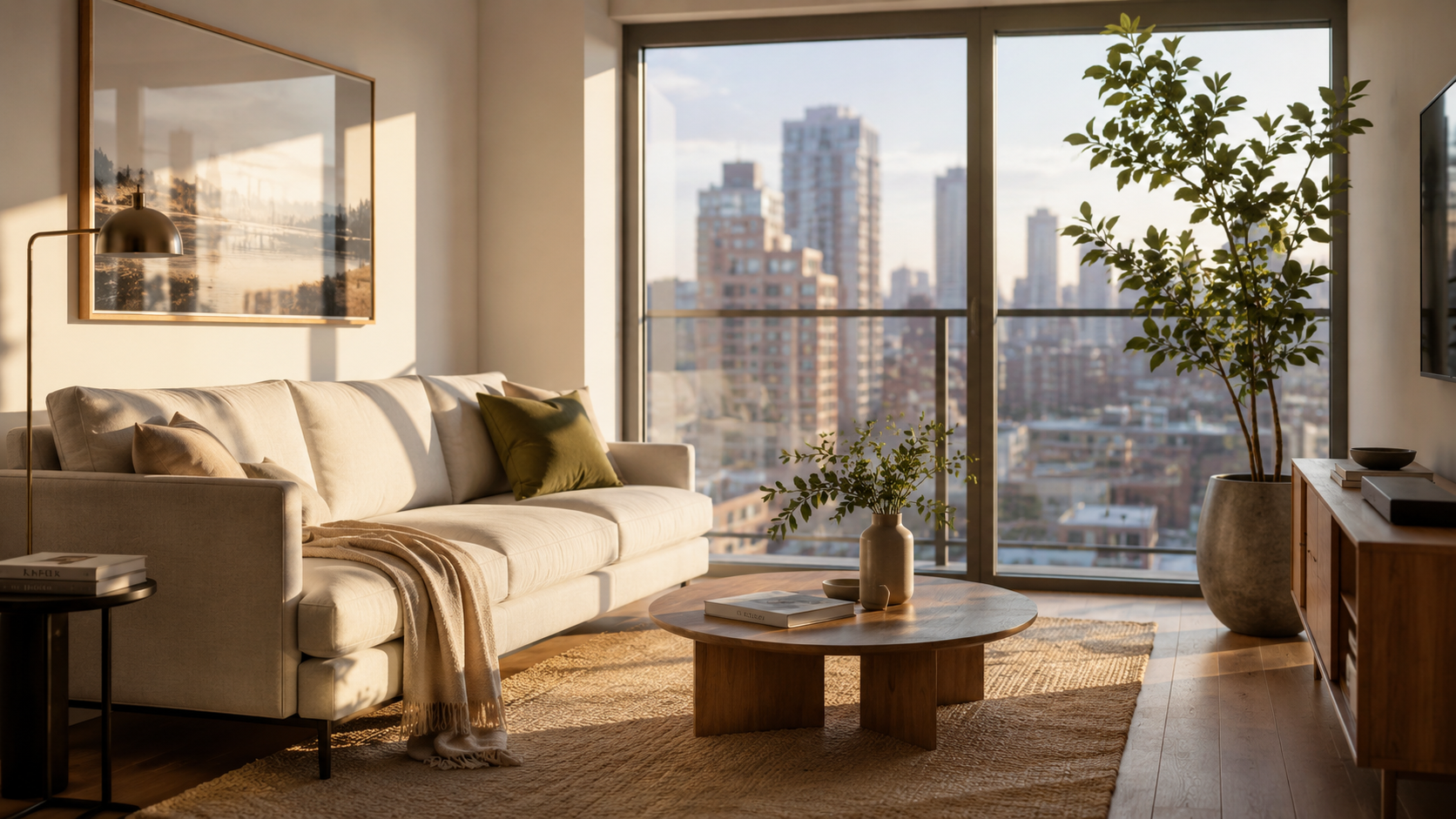 Modern Ontario condo living room with warm light and urban skyline view