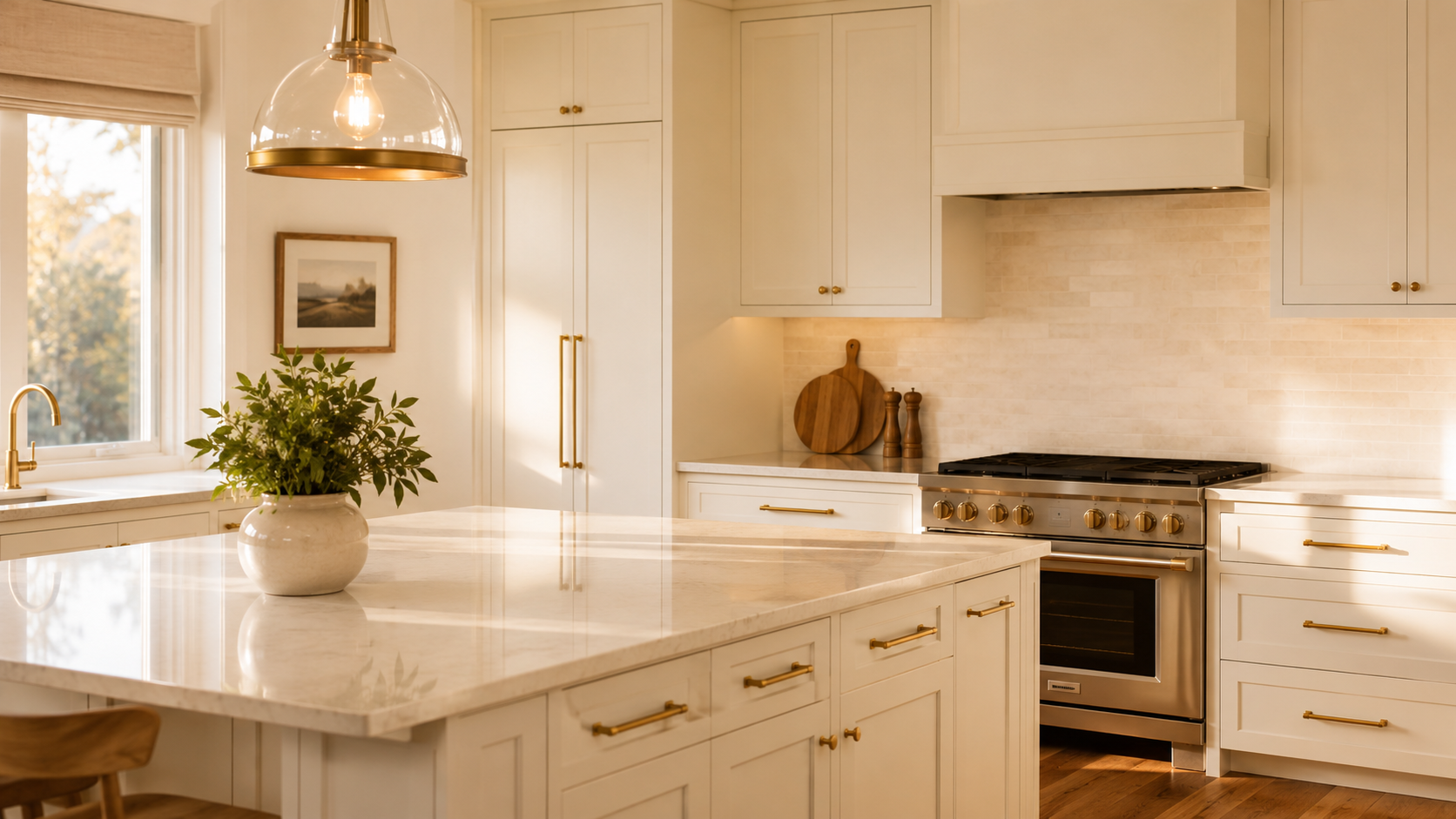 Freshly painted kitchen cabinets with new brass hardware in a warm, well-lit Canadian home
