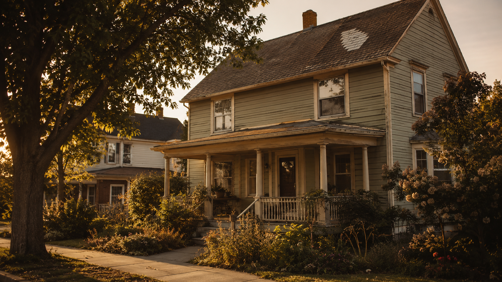 Older two-storey home at golden hour with weathered siding and aging roofline — the cost of delaying home repairs in Canada