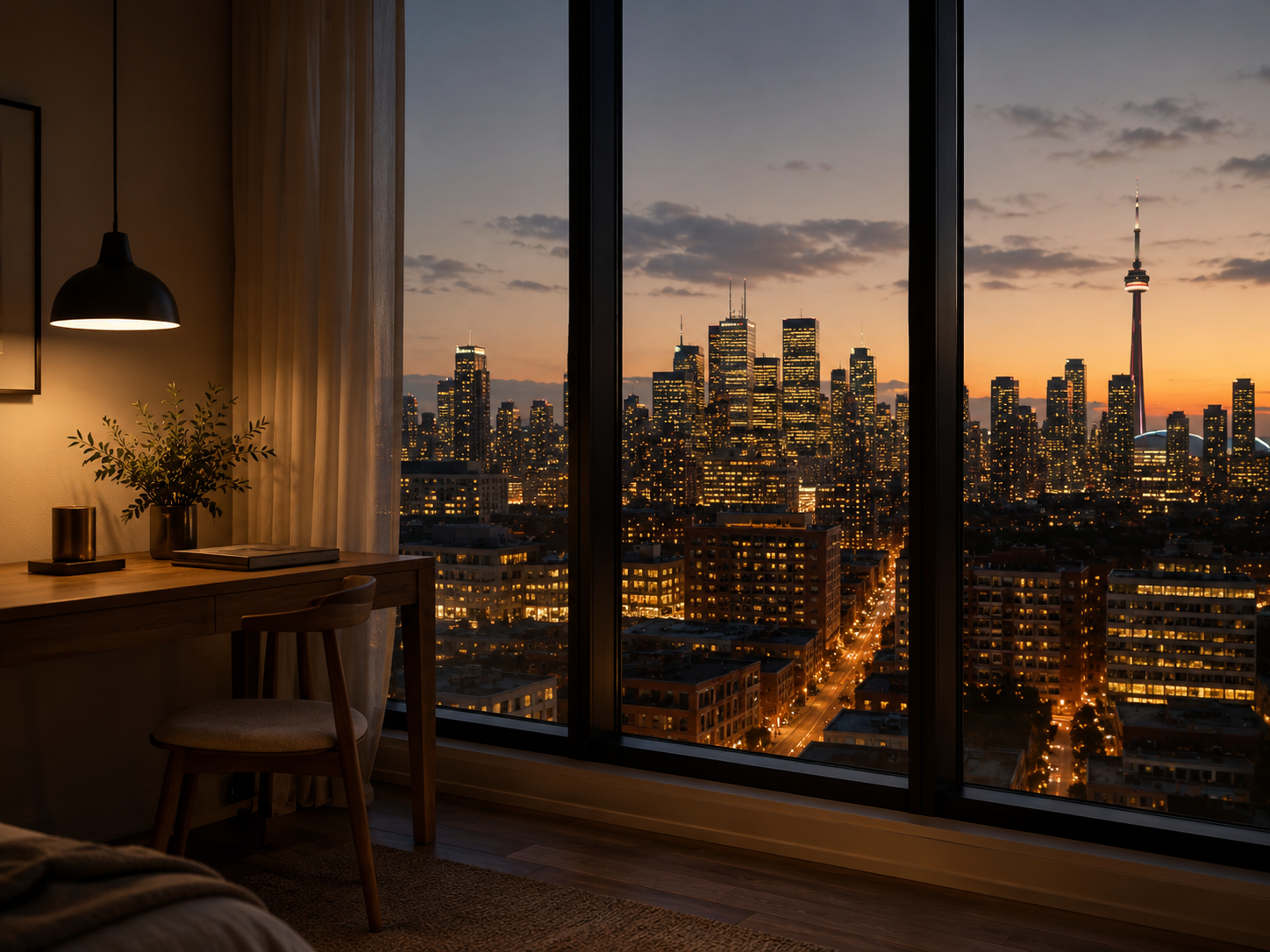 Toronto condo apartment window view over the city at dusk with warm interior light