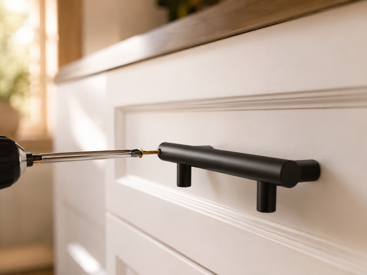 Close-up of new matte black cabinet hardware being installed on white kitchen cabinets