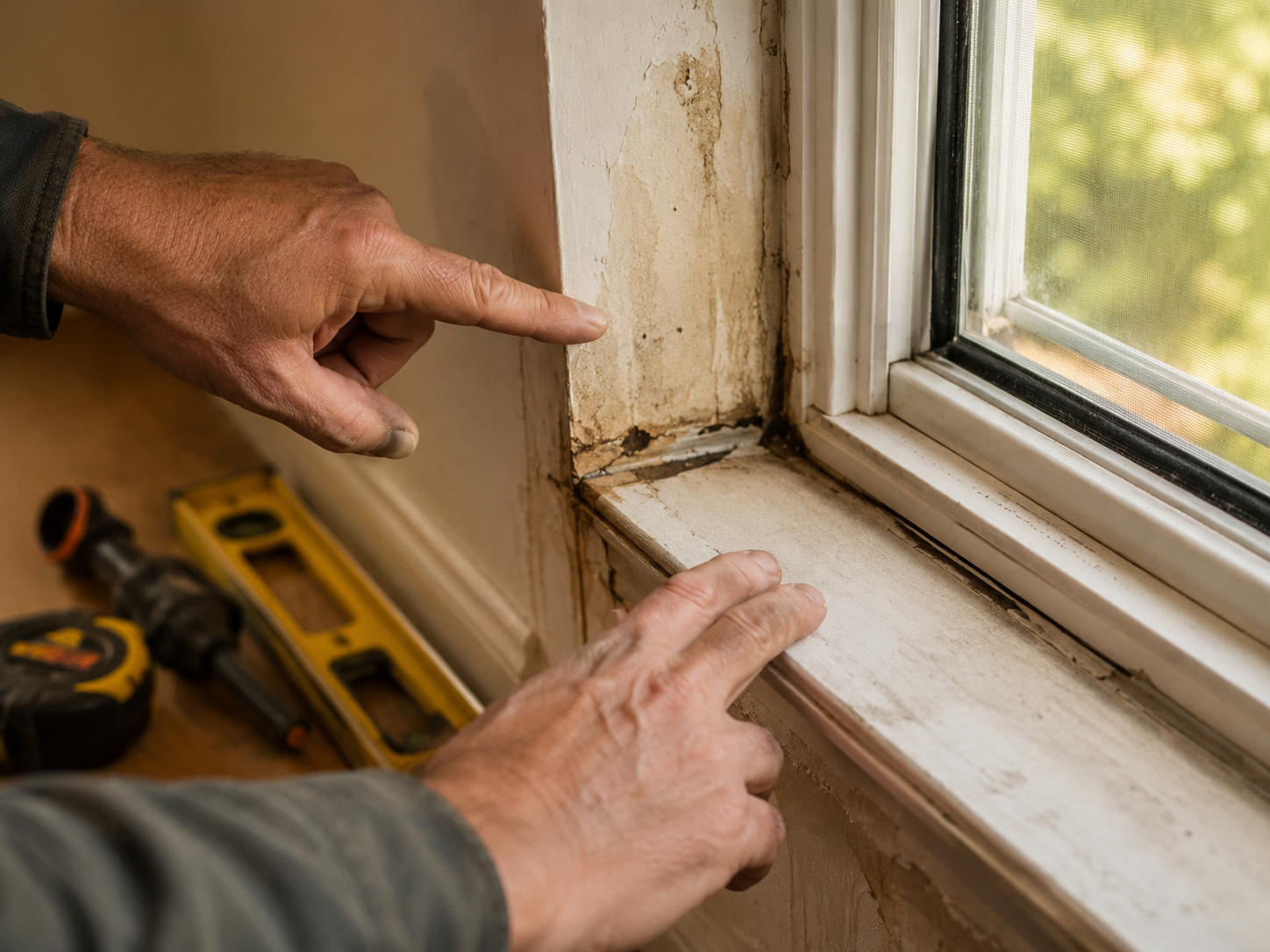 Contractor inspecting water damage near a window sill — signs of deferred home maintenance costing Ontario homeowners thousands