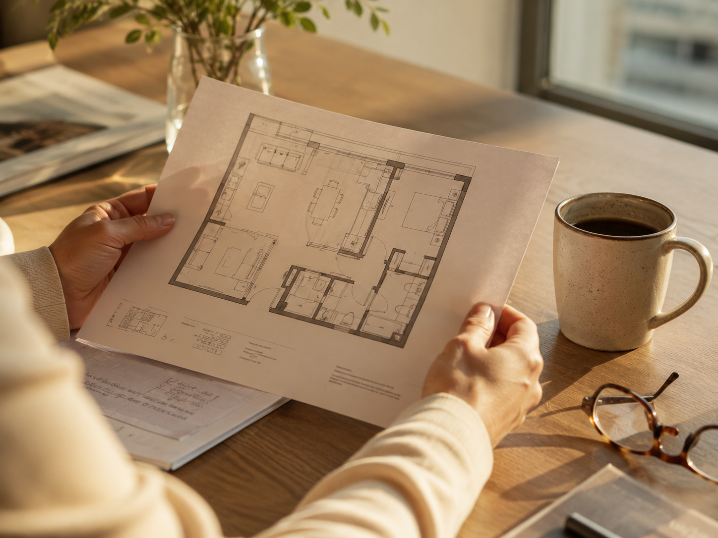 Condo floor plan on a table beside a ceramic coffee mug in warm natural light