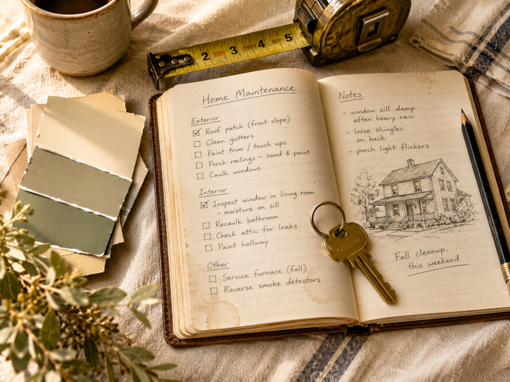 Overhead view of an open notebook filled with handwritten home maintenance notes, surrounded by a tape measure, paint chips in cream and sage tones, and a brass house key. The items rest on a warm linen surface illuminated by soft window light.