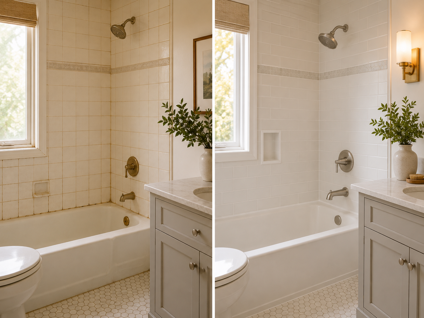 Before and after view of a bathroom with fresh grout, new fixtures, and warm lighting in a Canadian home