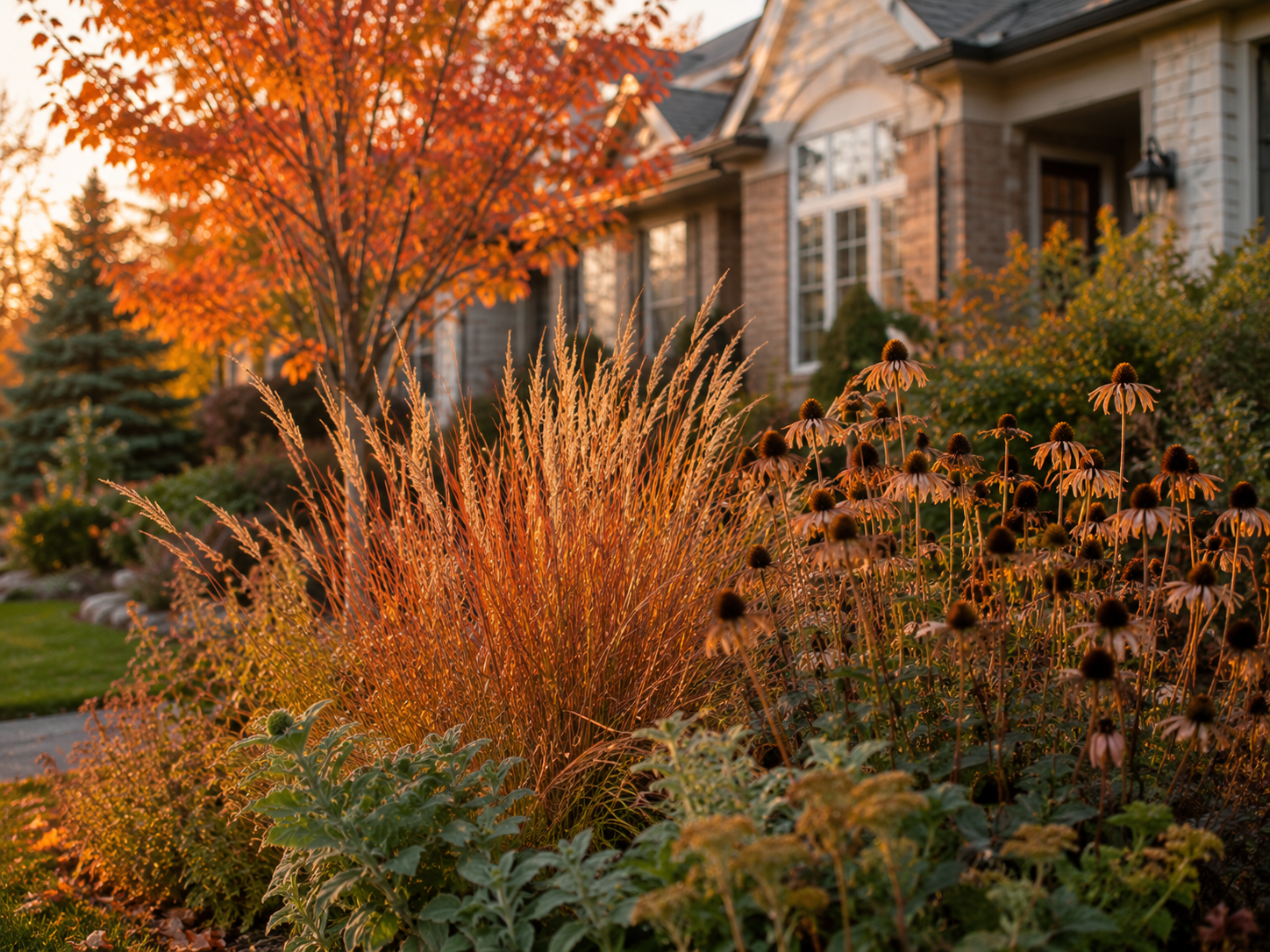Ontario residential front yard in late summer showing a layered native plant border with little bluestem grass, coneflower, and serviceberry