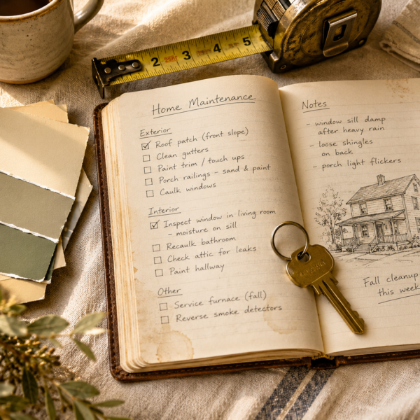 Overhead view of an open notebook filled with handwritten home maintenance notes, surrounded by a tape measure, paint chips in cream and sage tones, and a brass house key. The items rest on a warm linen surface illuminated by soft window light.