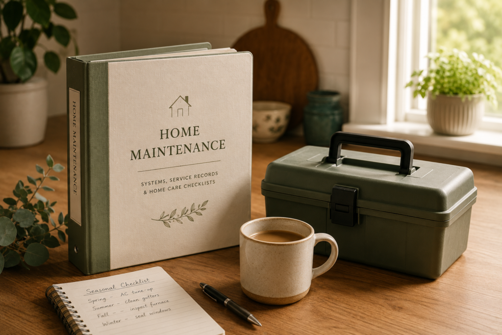 A neatly organized home maintenance binder, compact toolbox, and mug of coffee rest on a warm wooden kitchen counter beside a sunlit window. Soft natural light, cream and sage tones, and an editorial still-life composition create a calm, welcoming atmosphere with no people present.