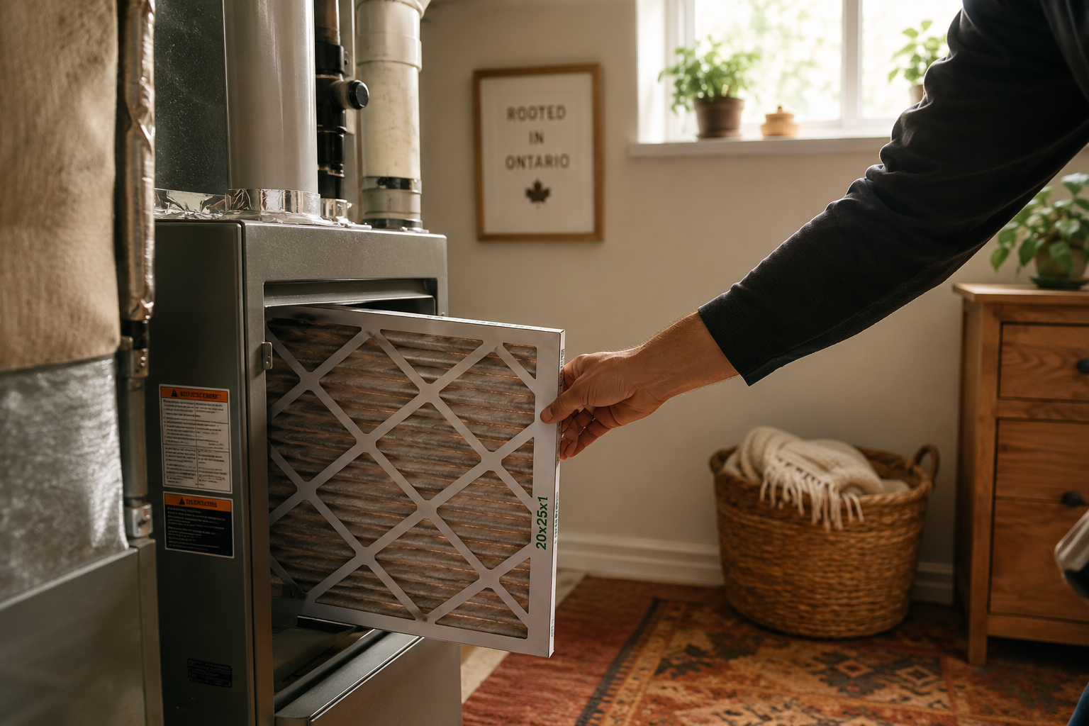 Replacing a furnace filter as part of a preventative home maintenance checklist in an Ontario home