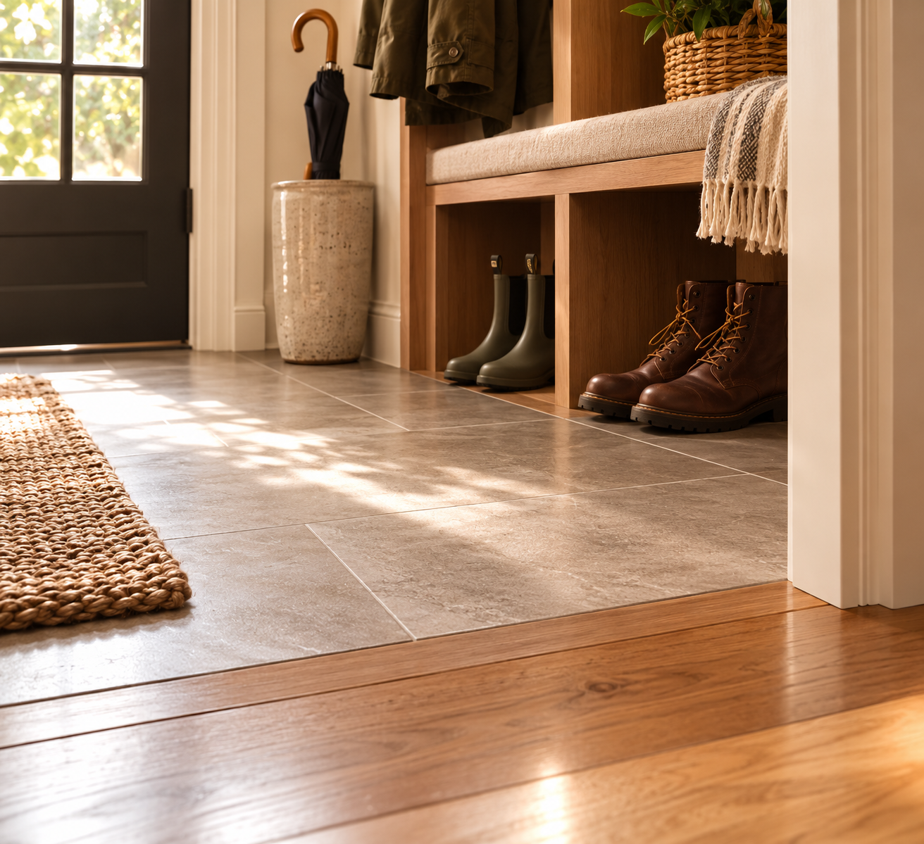 Matte porcelain tile transitioning into hardwood at a mudroom threshold