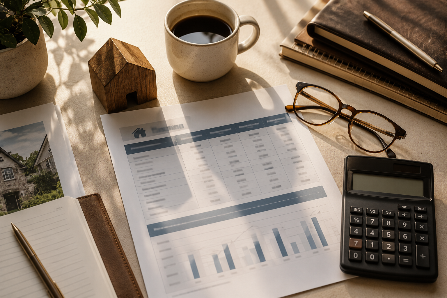 Home buyer's desk with mortgage rate comparison sheet and coffee