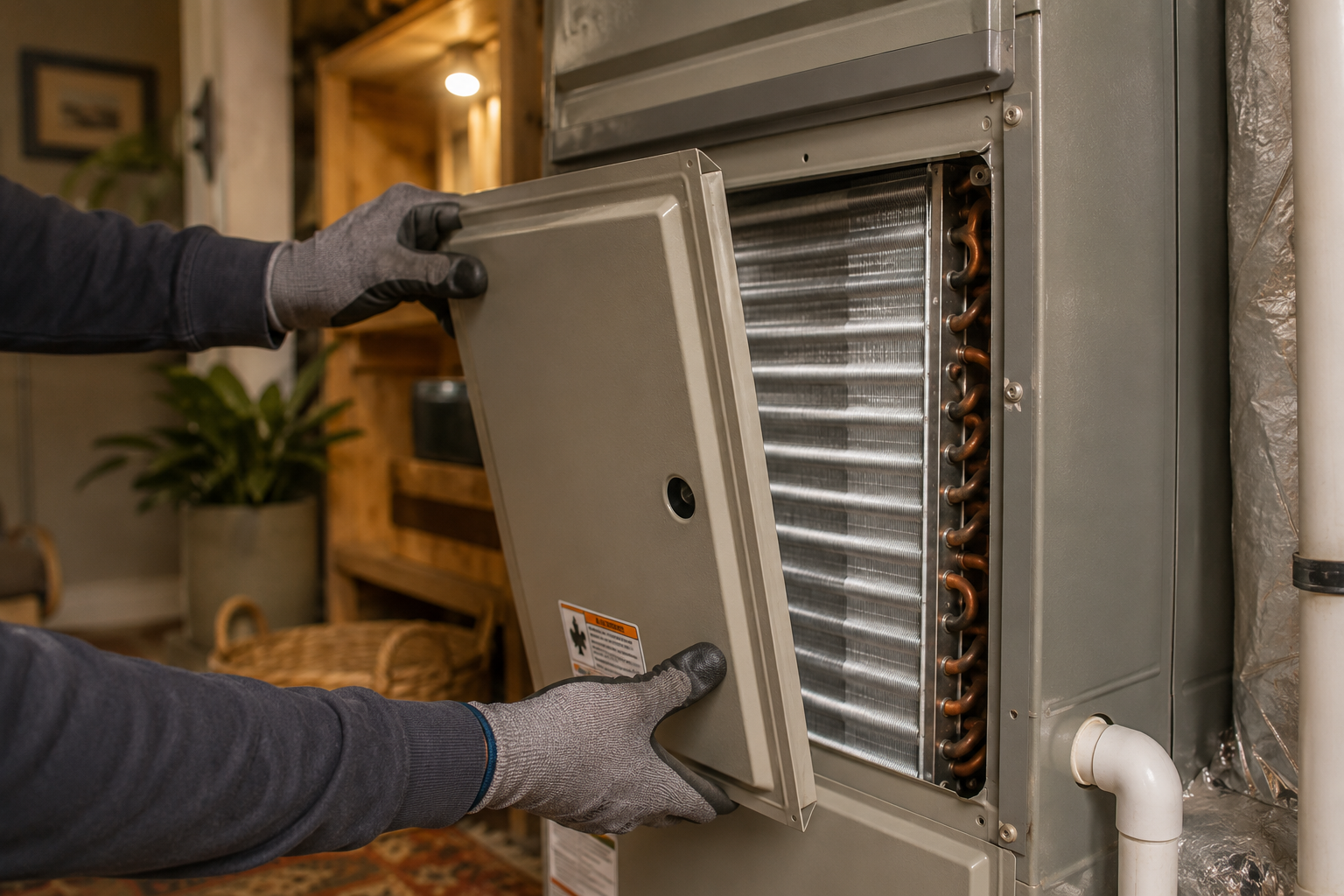 Opening an indoor air conditioner coil access panel for routine HVAC maintenance