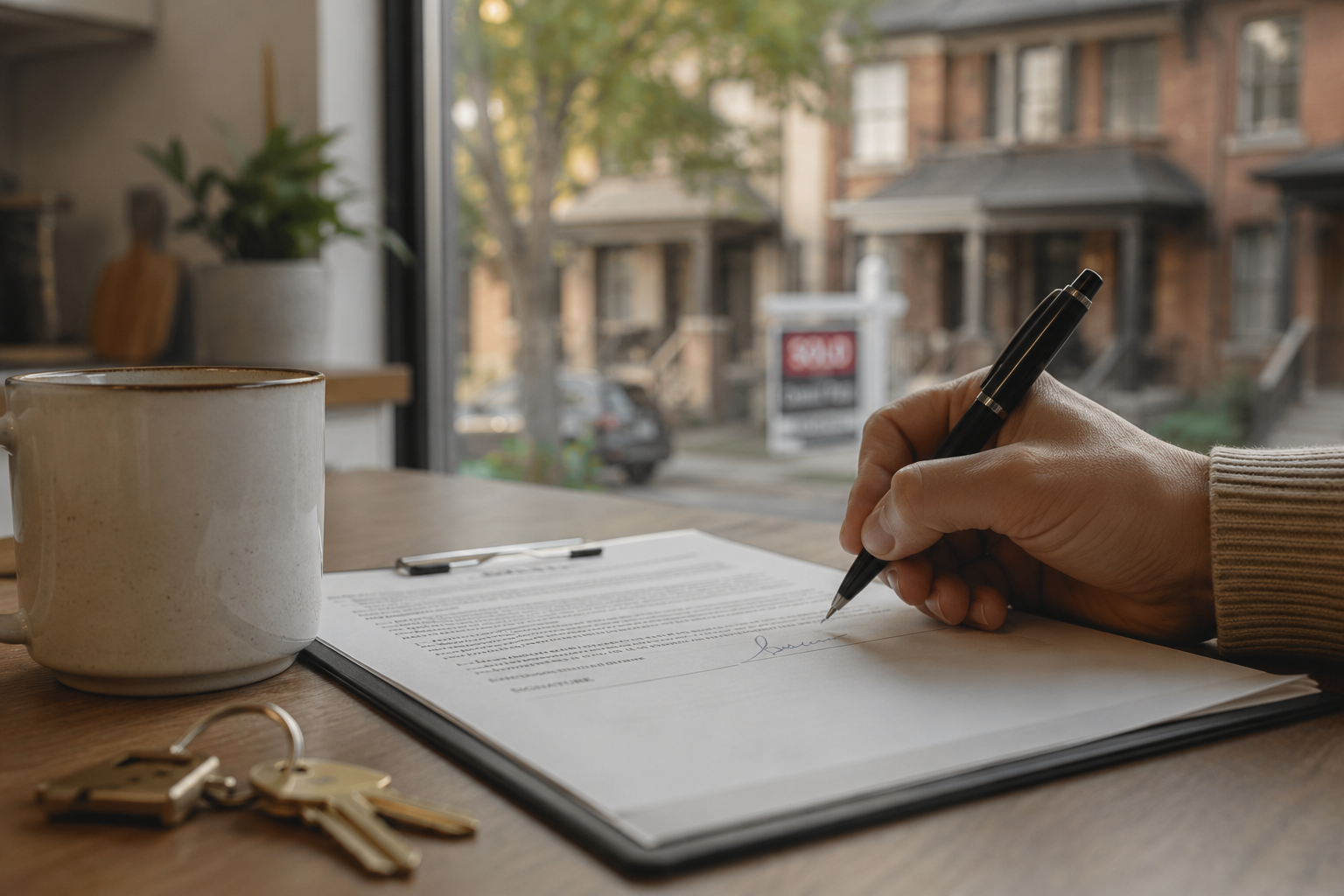 Signing paperwork on a purchase decision