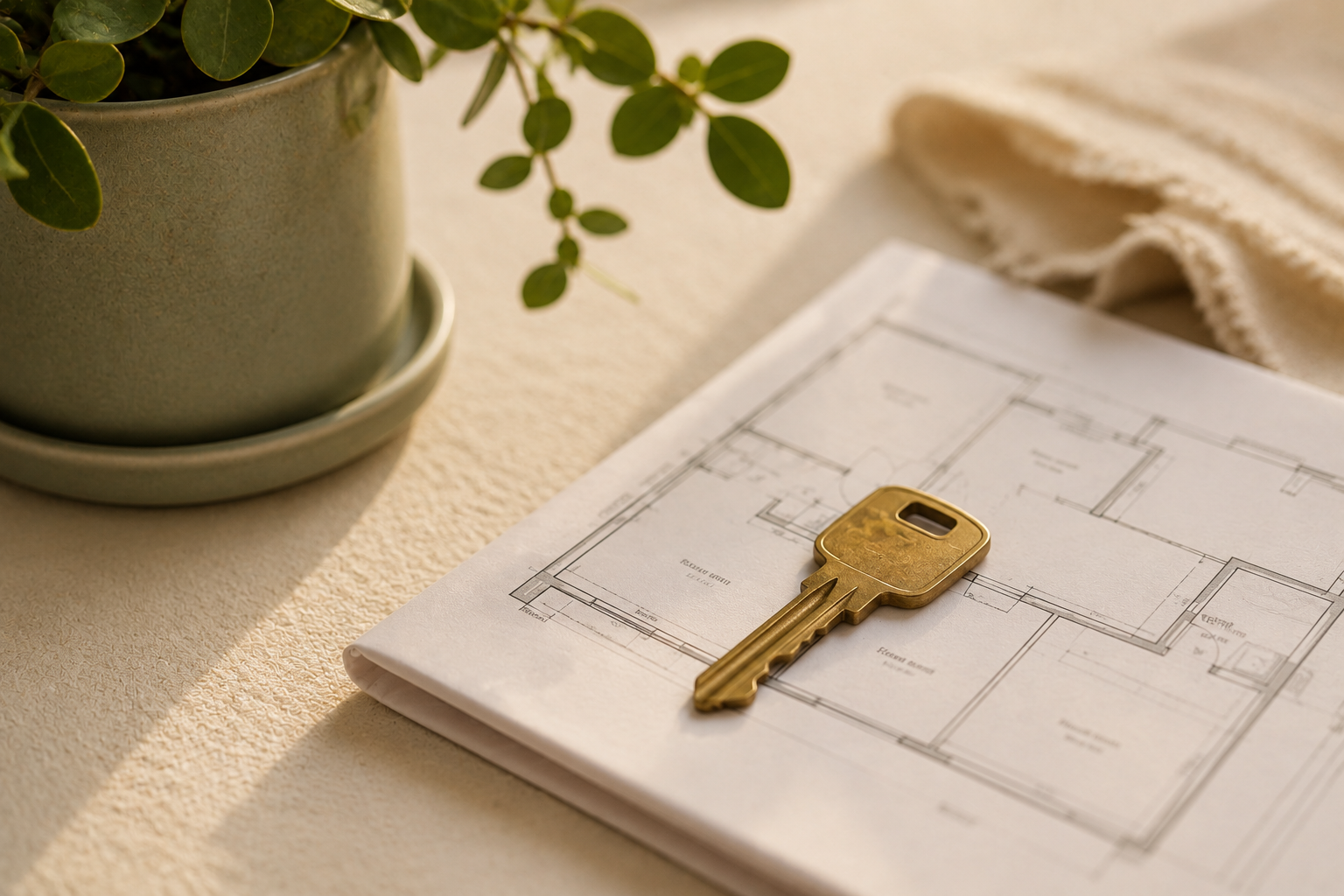Key resting on a folded floor plan, a decision made rather than deferred