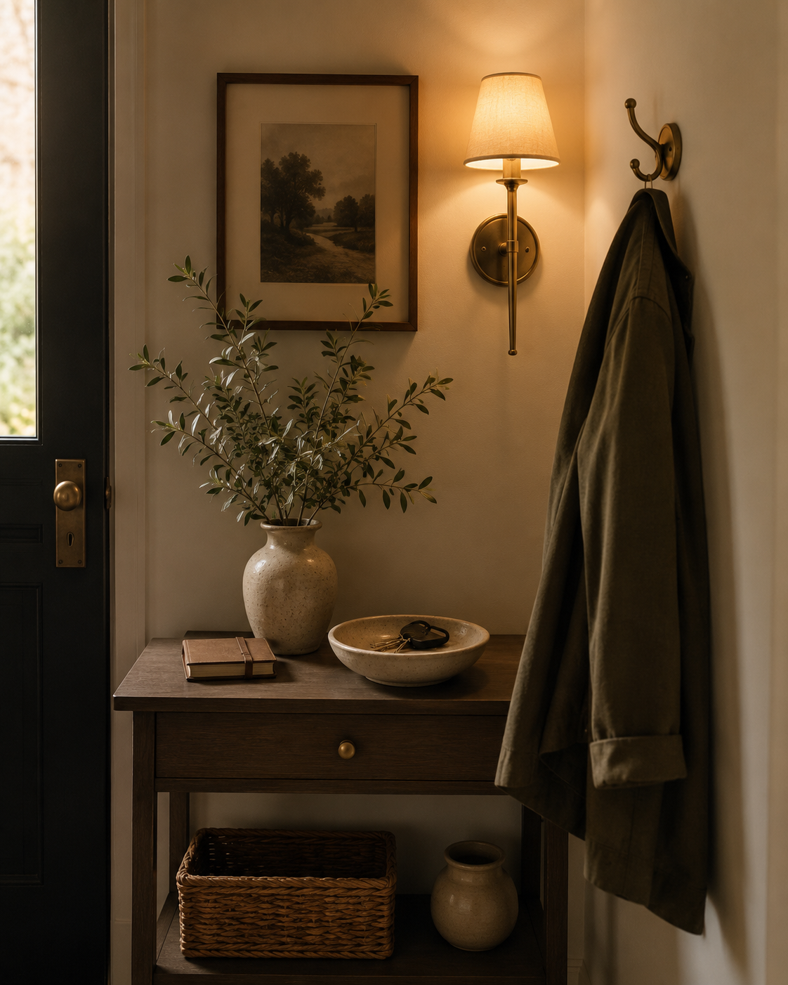 Entryway console table styled with a brass sconce and minimal decor