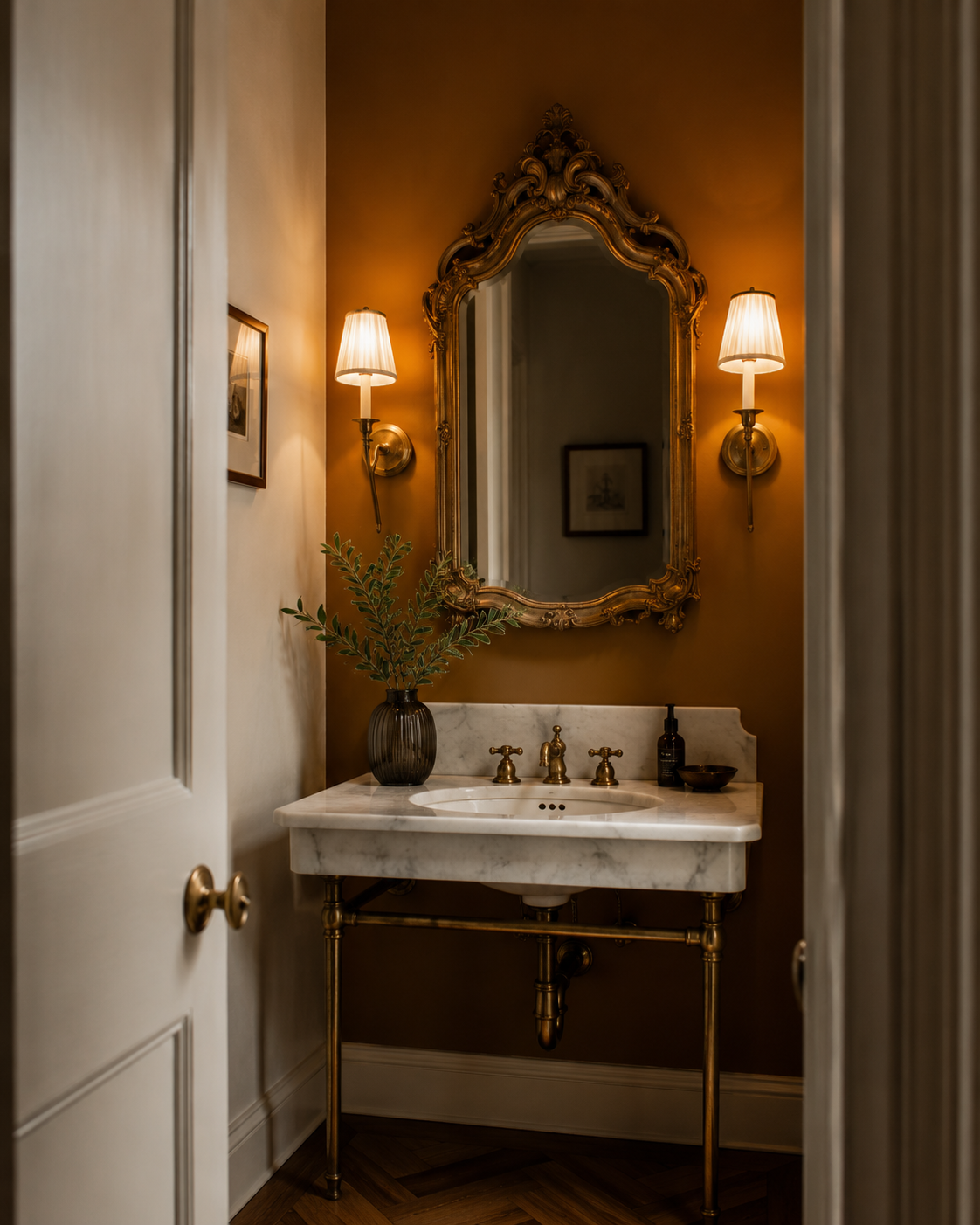 A small powder room styled in found luxury aesthetic with one wall painted deep ochre and an antique gilded mirror