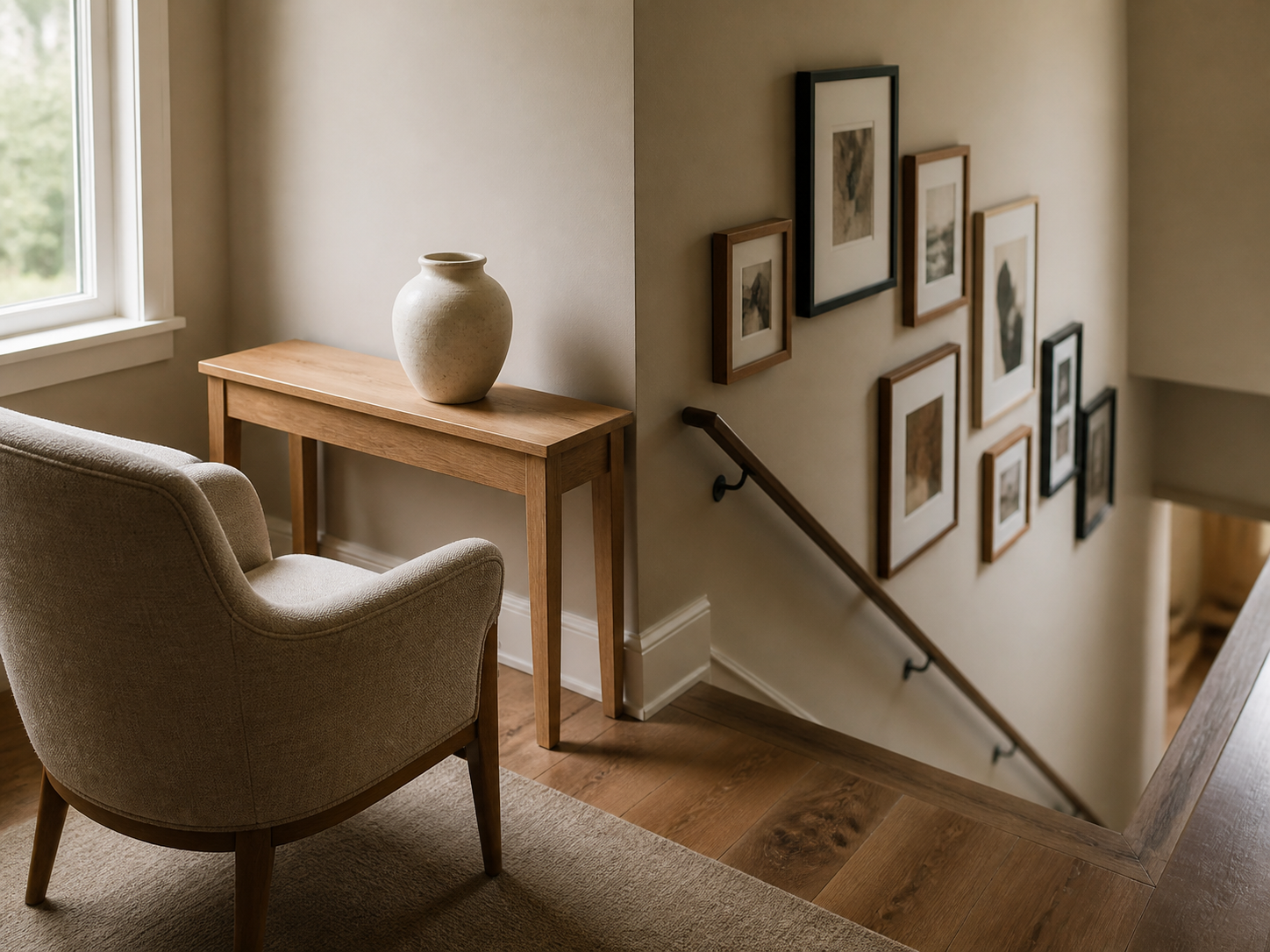 An upstairs landing styled with a narrow console table, a single chair angled toward a window, and a staggered gallery wall along the stairwell