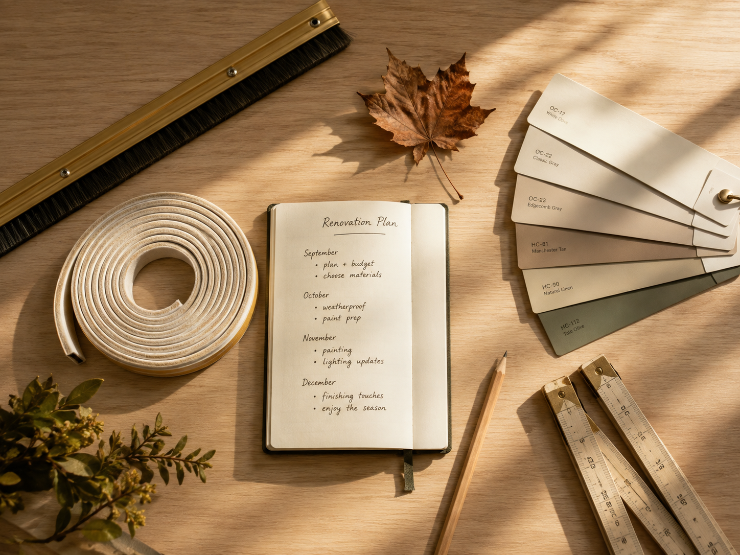 Overhead flat-lay of draft-proofing supplies, a paint swatch fan and a handwritten renovation schedule on an oak surface