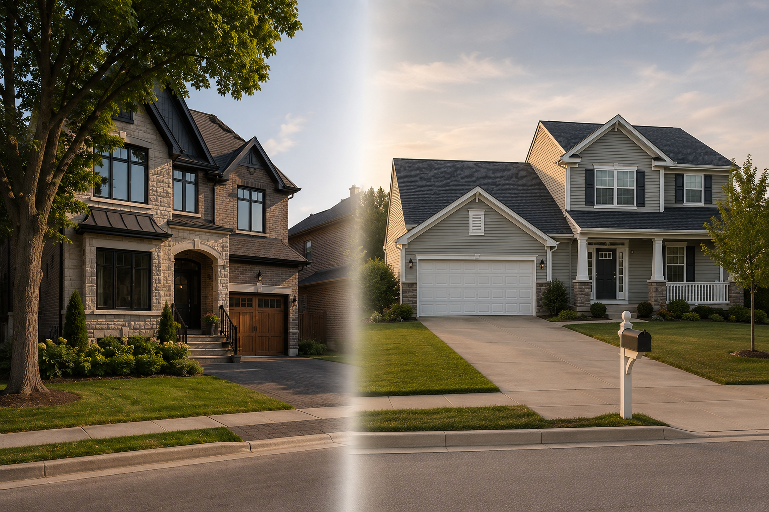 Split image comparing a Canadian two-storey stone home on the left and an American craftsman-style home with a two-car garage on the right