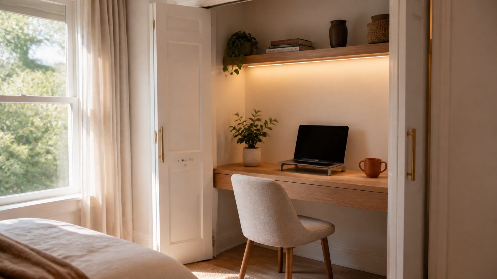 Shallow reach-in closet converted into a small home office nook with a floating desk and LED task lighting