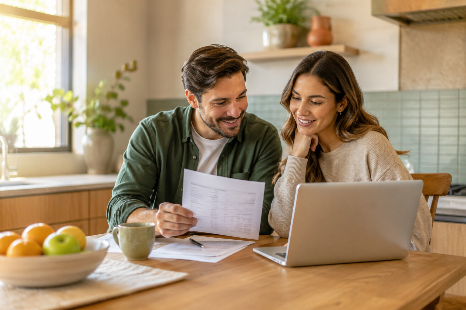 Couple reviewing mortgage pre-approval documents in a bright kitchen