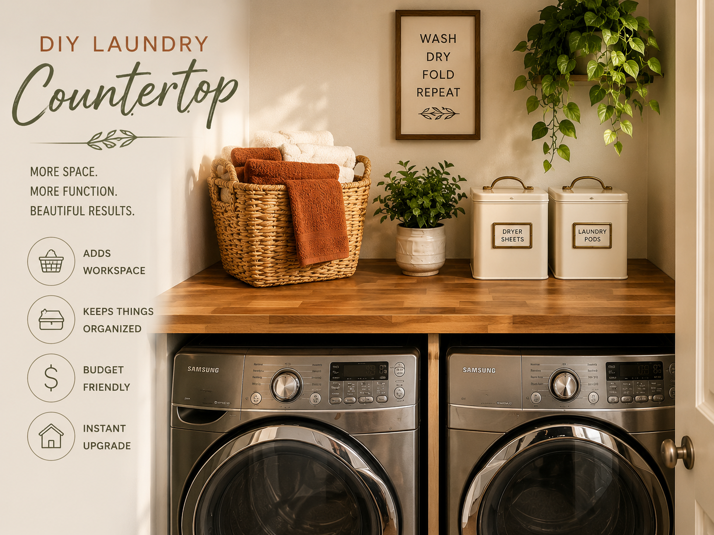 DIY laundry closet countertop installation over a stacked washer and dryer