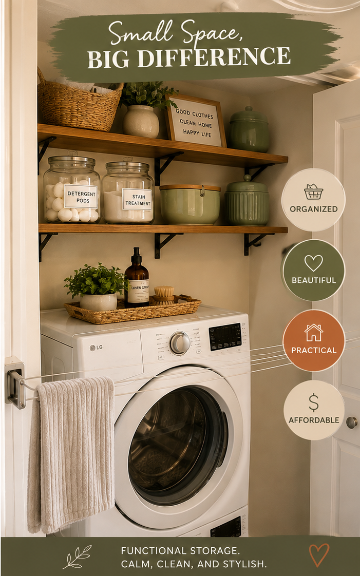 Finished DIY countertop over a washer and dryer in a small laundry space