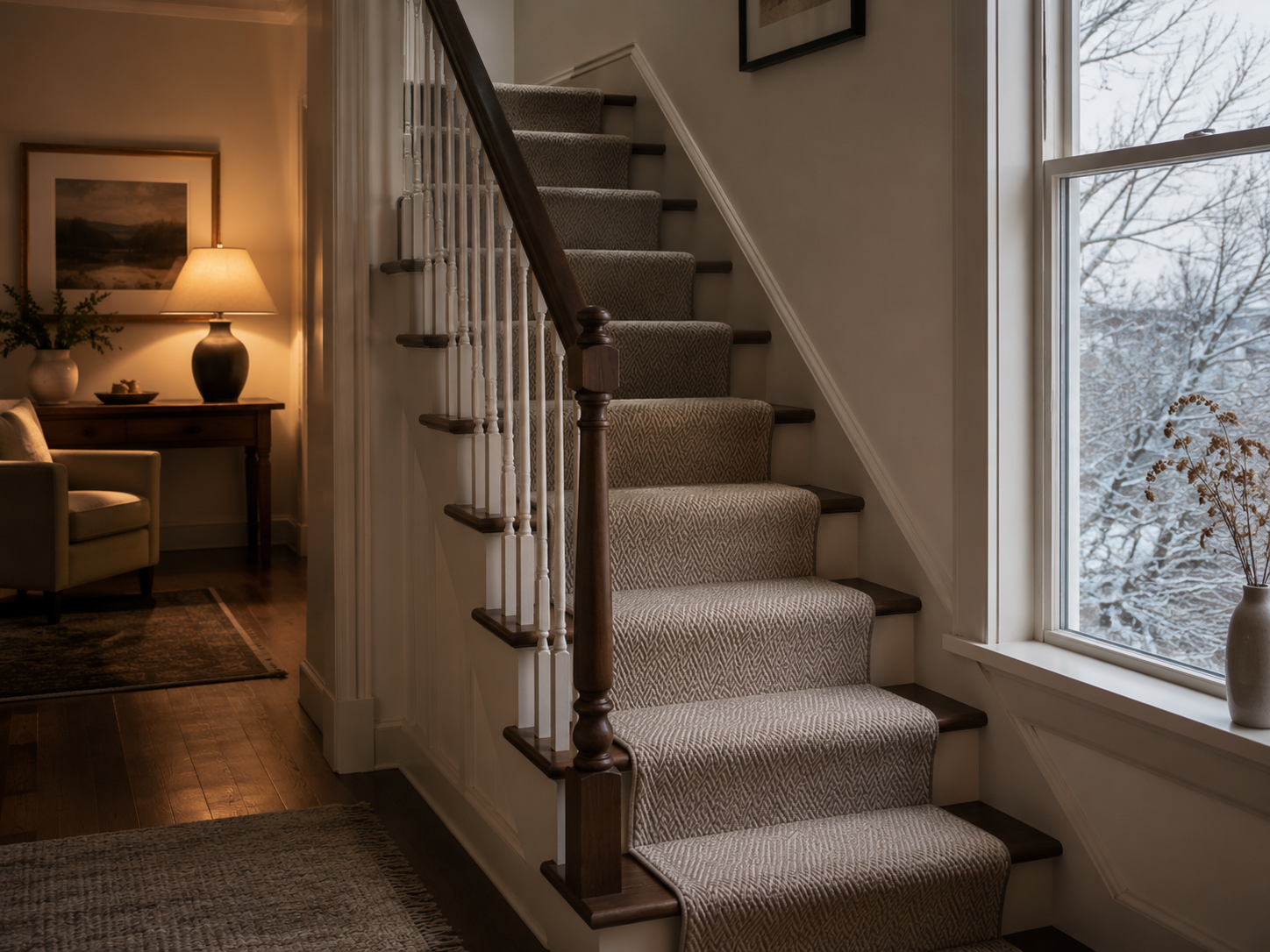 Wool herringbone stair runner on a finished staircase in soft winter light