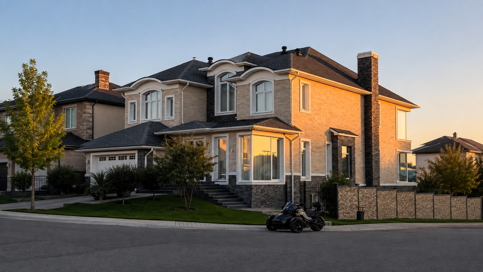 Large two-storey stone-and-brick home in a Greater Toronto Area neighbourhood glowing in golden-hour light, with neighbouring homes along the street