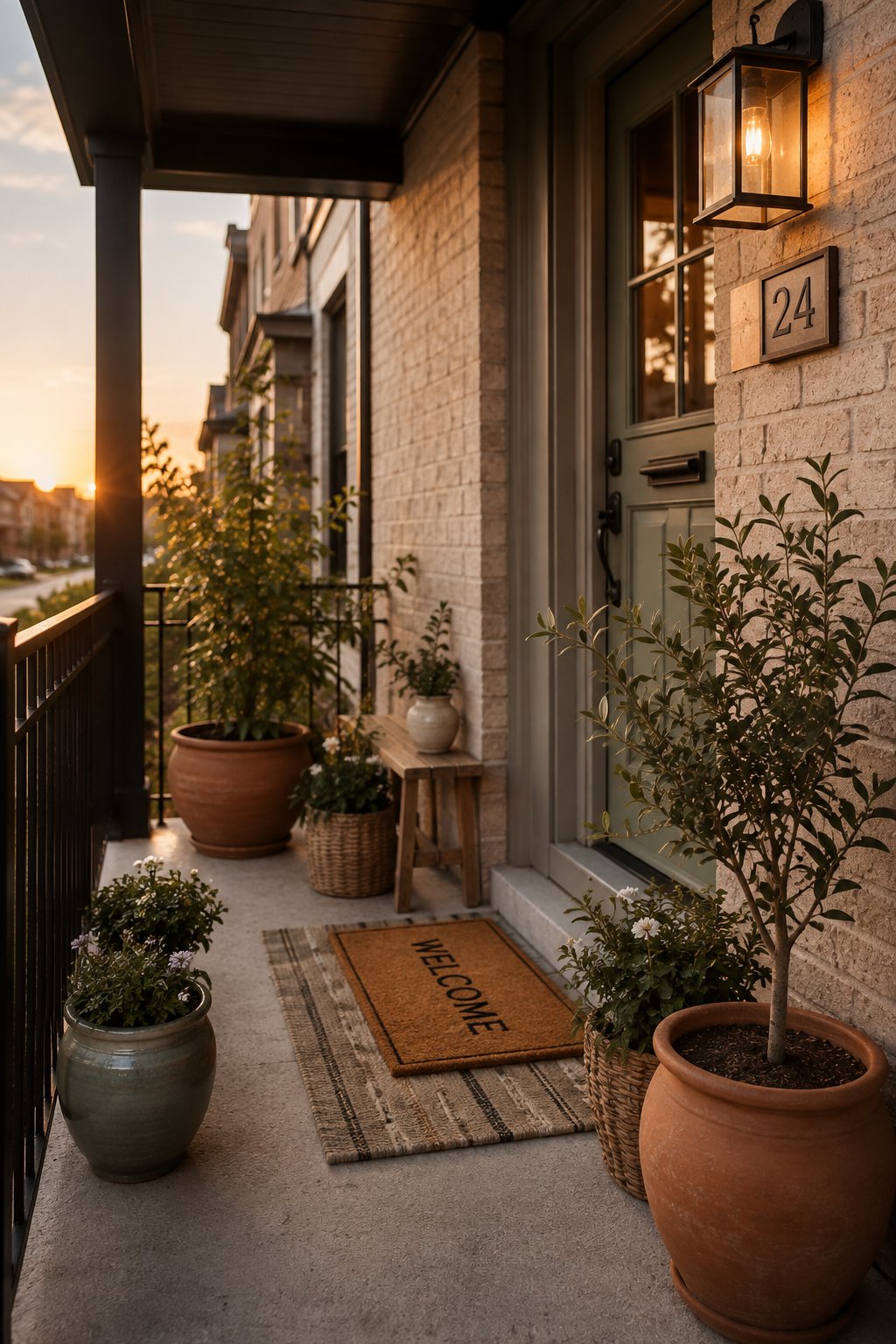 Golden hour view of a narrow Ontario townhome front porch with layered planters and a lit wall sconce