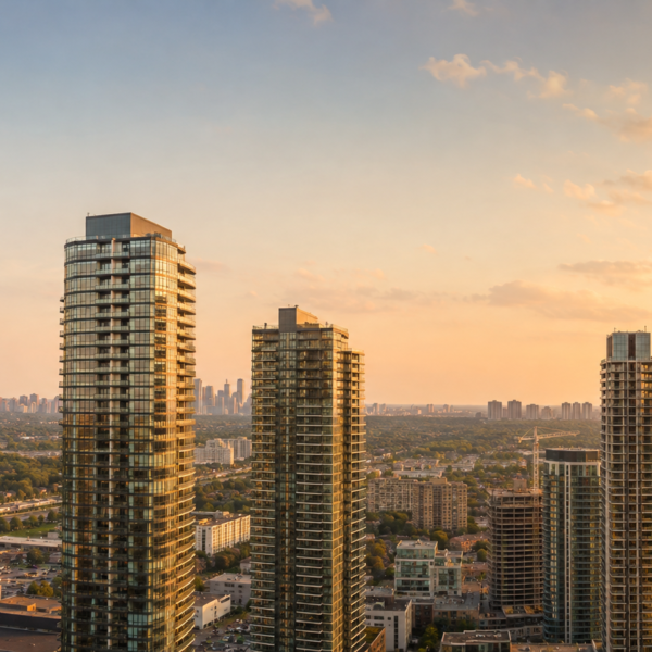 Modern glass condo towers across the Greater Toronto Area skyline at golden hour, including completed and under-construction buildings.