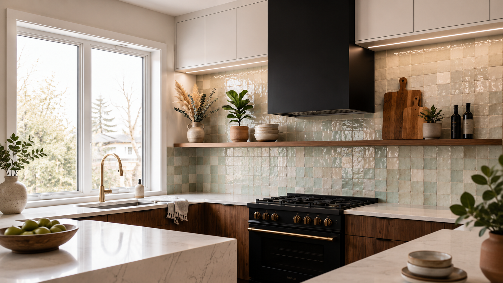 Canadian kitchen mid-renovation with new backsplash tile half-installed and winter light through the window