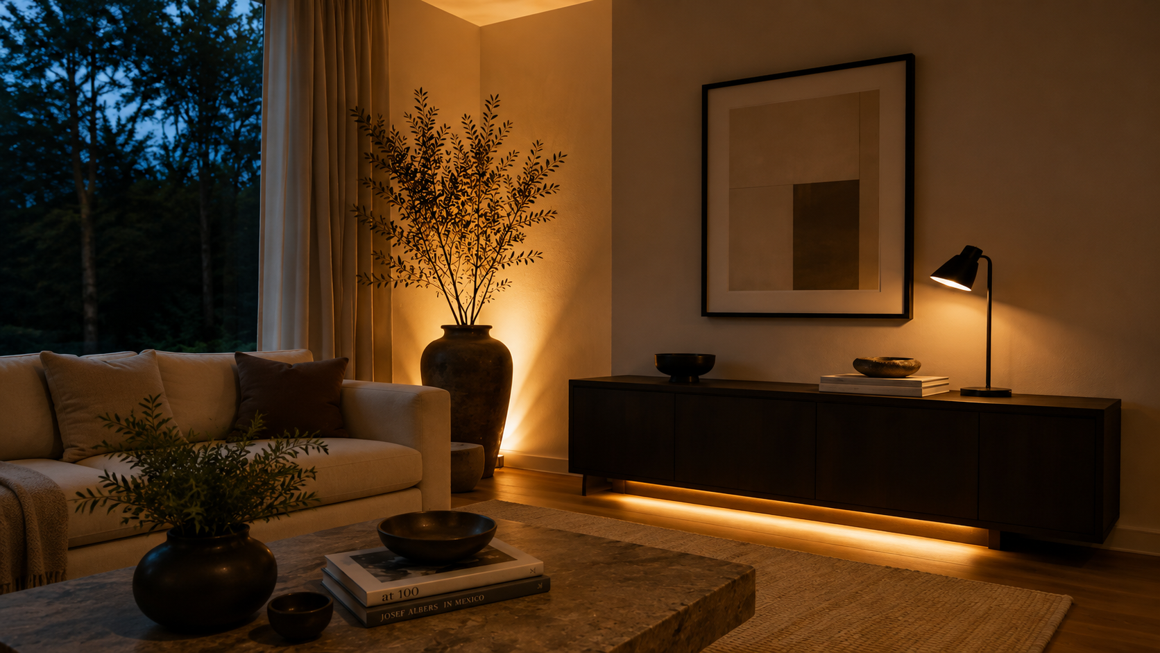 Warm 2700K lamp light in a living room at dusk with ceiling light off