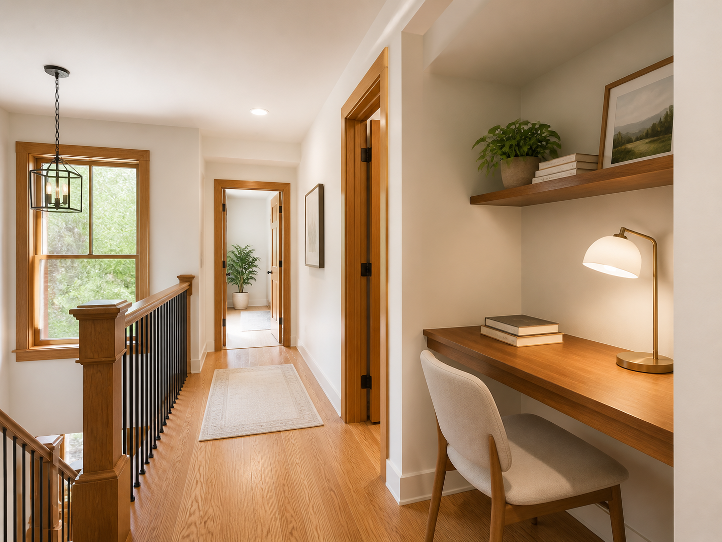 Slim console desk built into a bright hallway landing at the top of a staircase