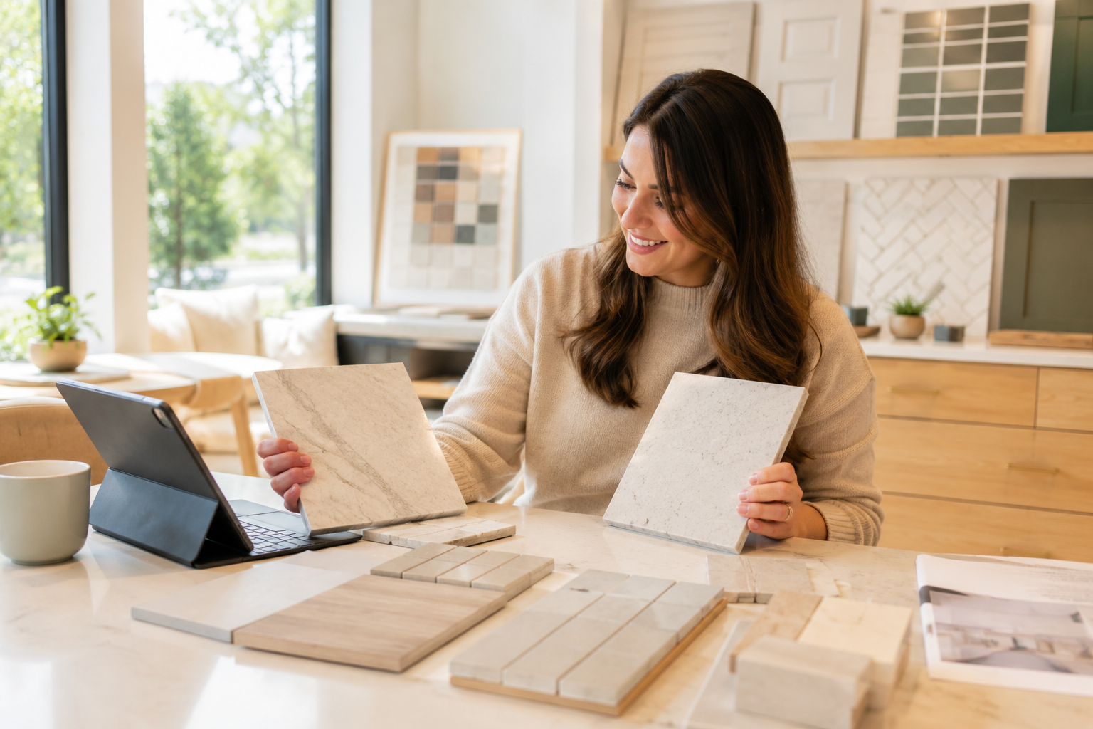 Homebuyer smiling while choosing tile and countertop finishes at a design studio appointment