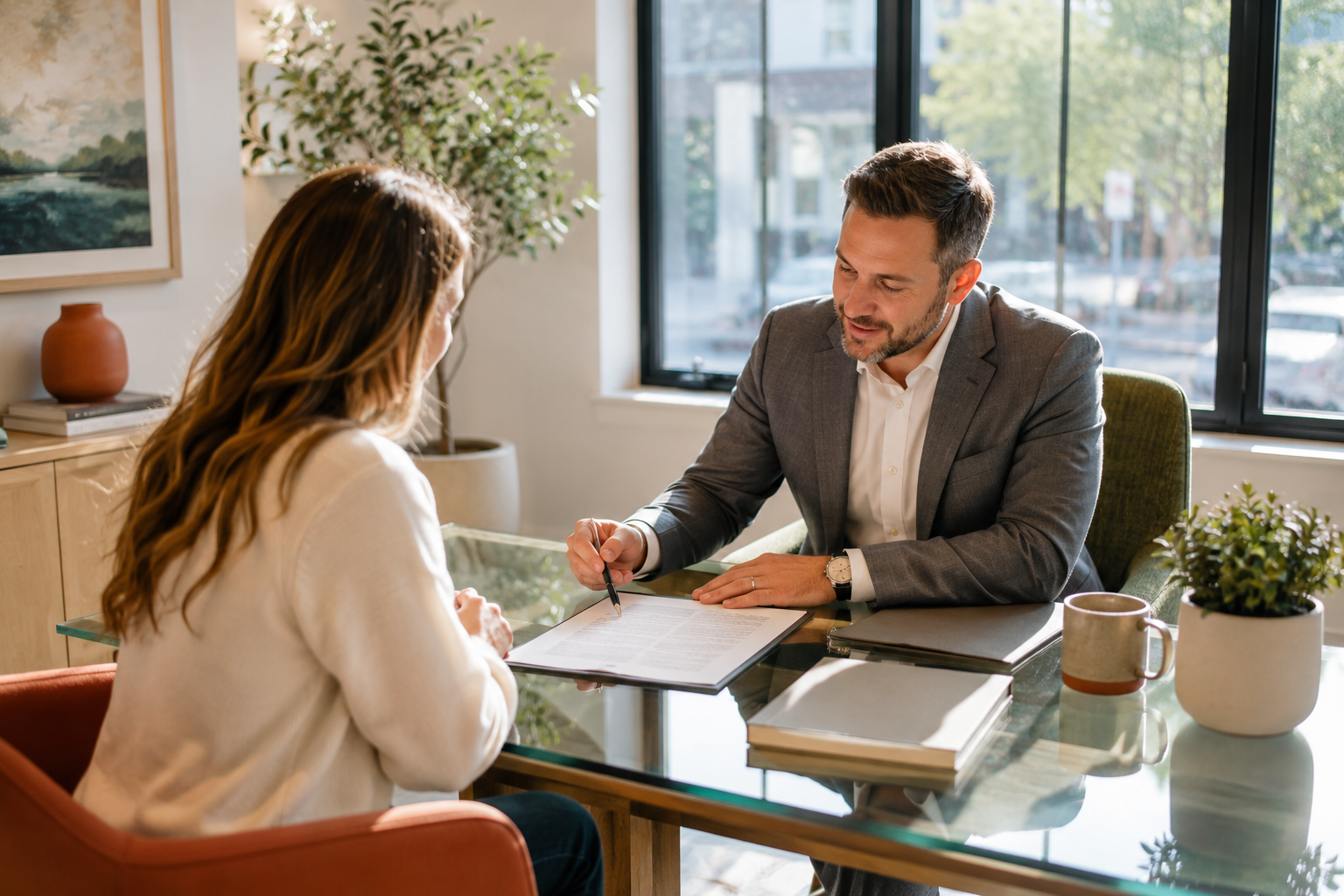 Homebuyer meeting with a real estate lawyer in a bright sunlit office
