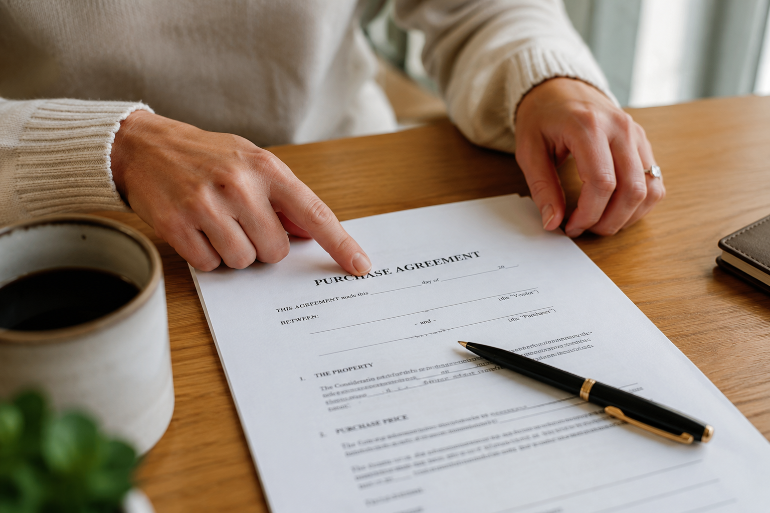 Homebuyer reviewing a real estate purchase agreement before signing