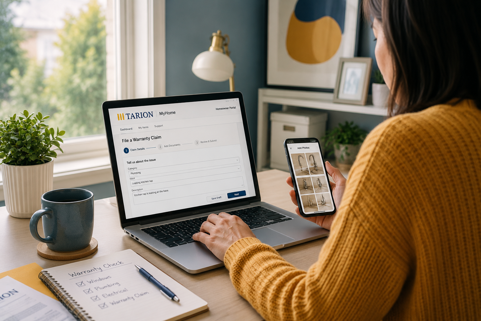 Homeowner filing a Tarion warranty claim online in a bright colourful home office
