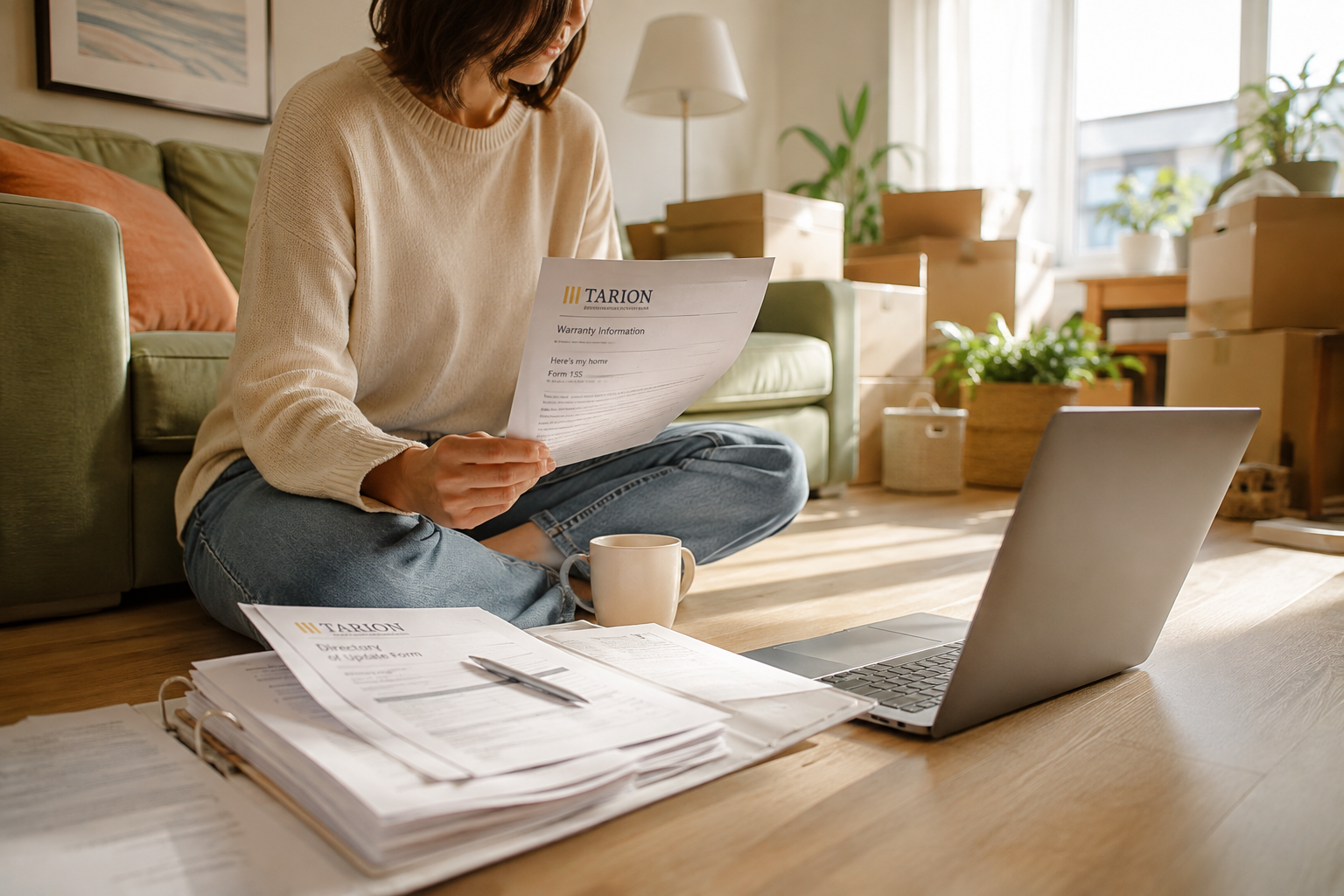 Homeowner reviewing Tarion warranty documents in a bright living room